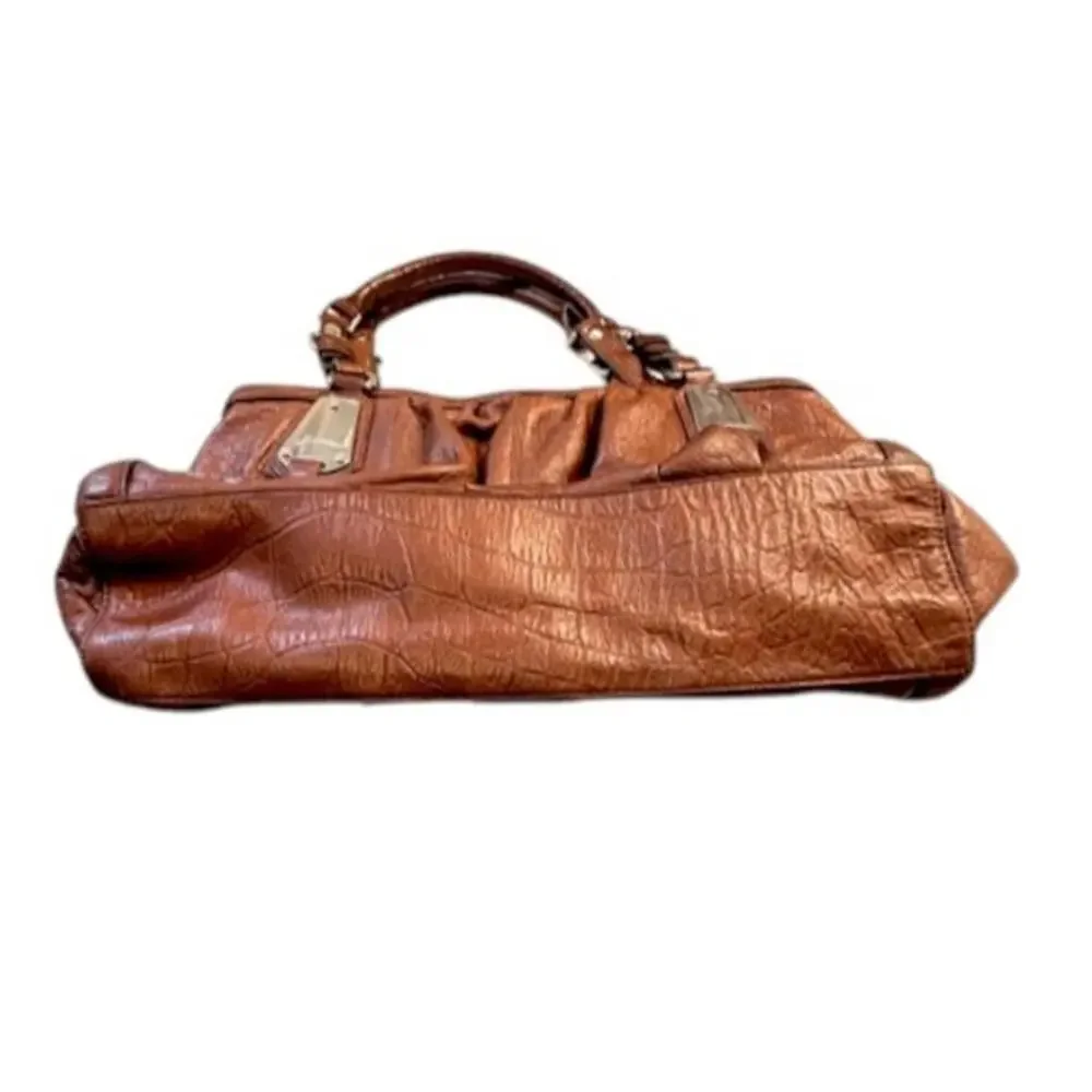 B Makowsky Brown Leather Satchel Croc Embossed Shoulder Bag Large Designer Tote